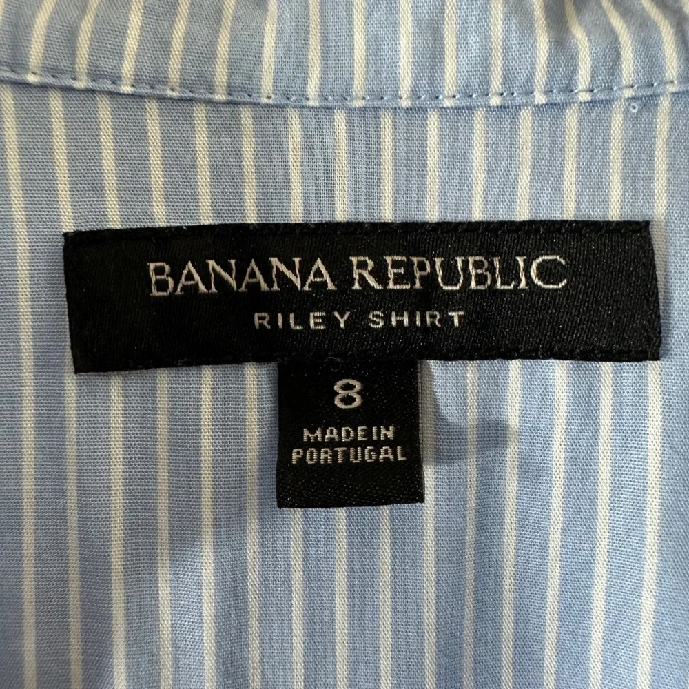 Banana Republic Riley Shirt Womens 8 Blue White Pinstripe Puff Sleeve Cotton Top